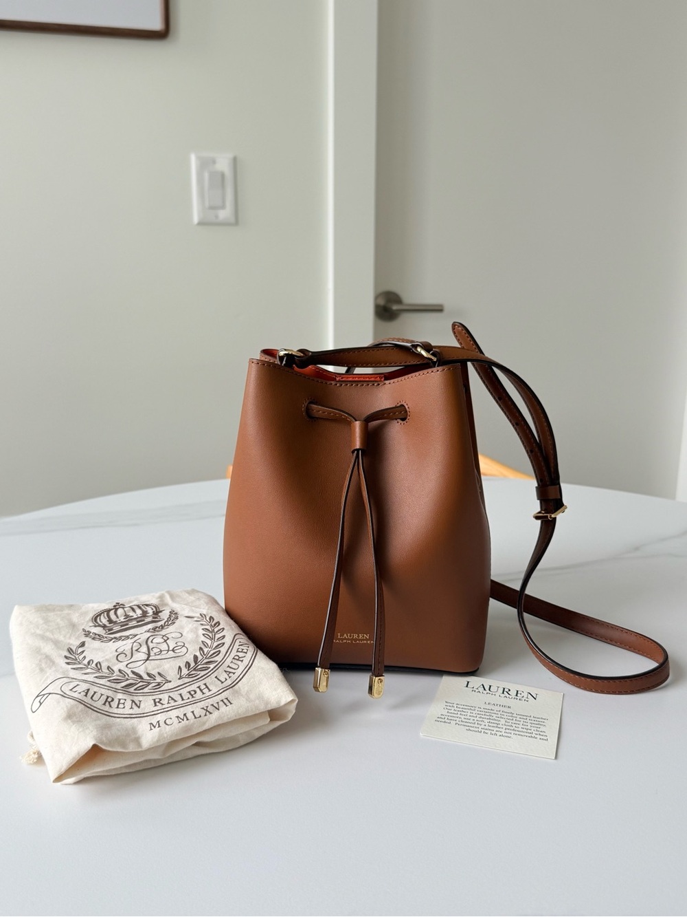 Ralph Lauren 100% Leather Brown Drawstring Bucket Bag